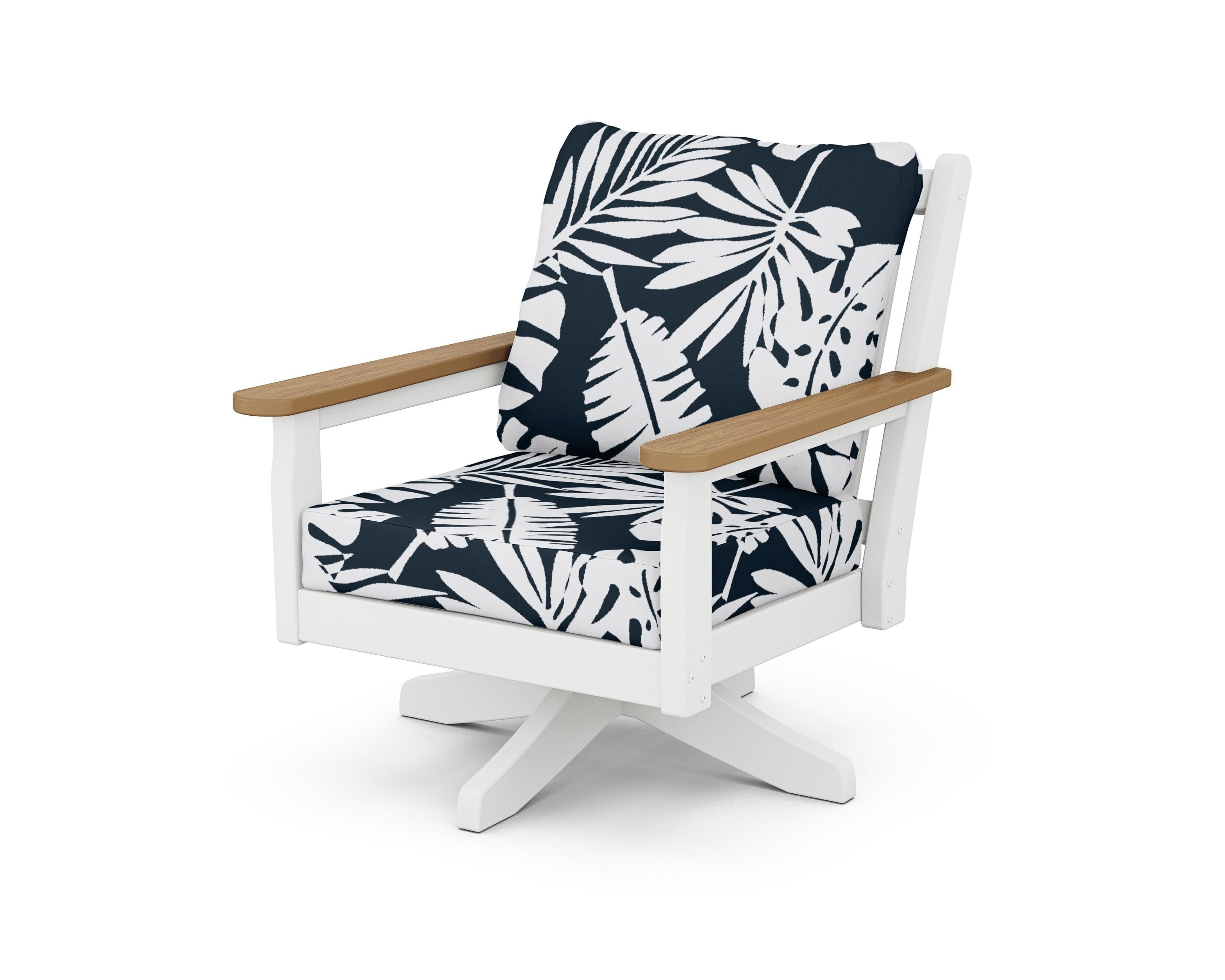 POLYWOOD® Chippendale Deep Seating Swivel Chair in White / Natural / Leaf Marine Indigo