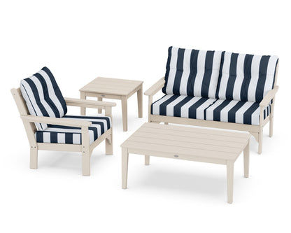 POLYWOOD® Vineyard 4-Piece Deep Seating Set in Sand / Cabana Stripe Marine Indigo