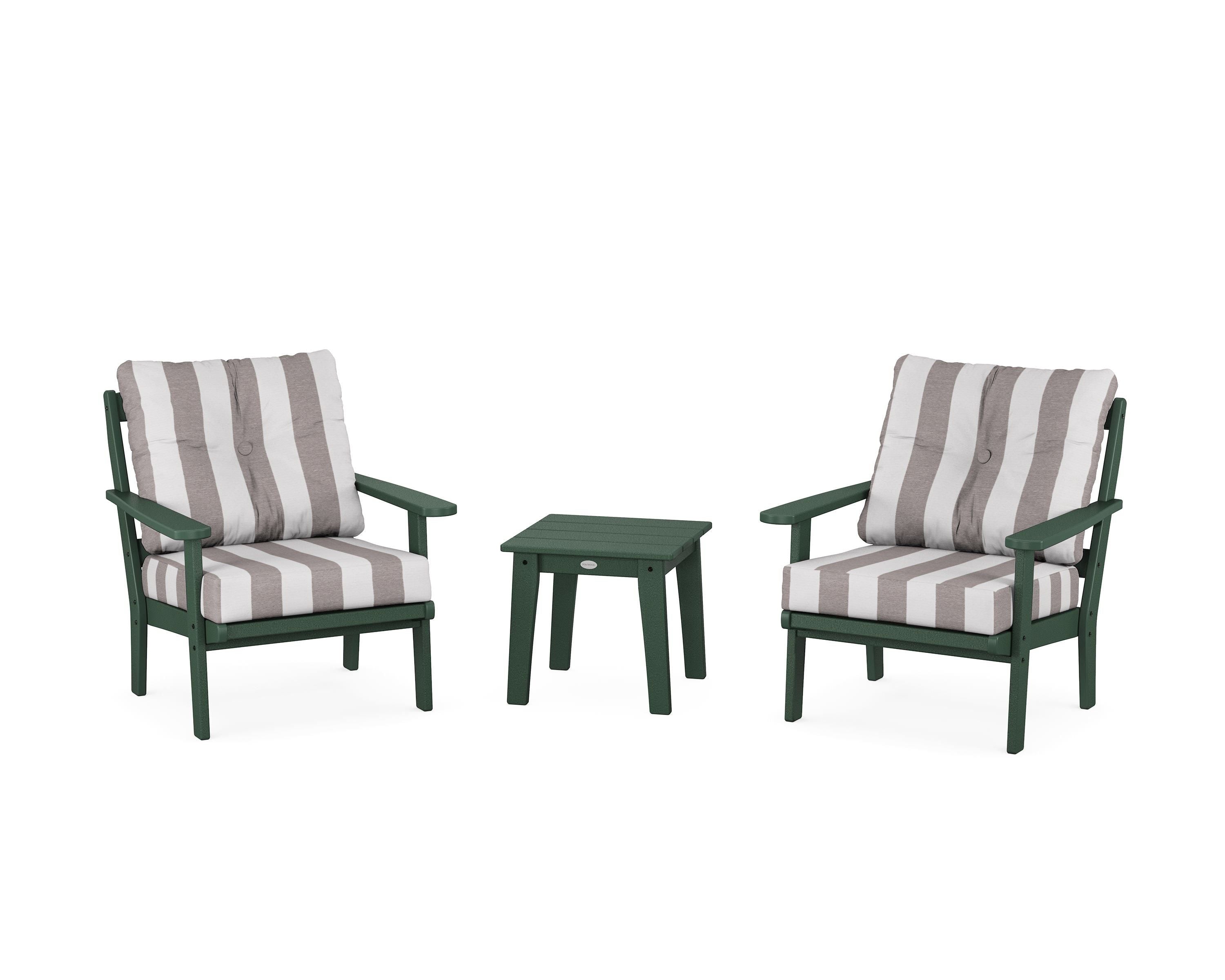 POLYWOOD® Mission 3-Piece Deep Seating Set in Green / Cabana Stripe Grey Mist