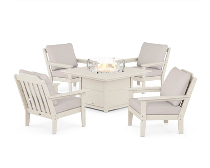 Country Living Cottage 5-Piece Deep Seating Set with Fire Pit Table in Sand / Dune Burlap