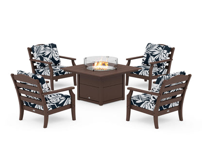 Draper James™ by  POLYWOOD® Savannah 5-Piece Deep Seating Set with Fire Pit Table in Mahogany / Leaf Marine Indigo