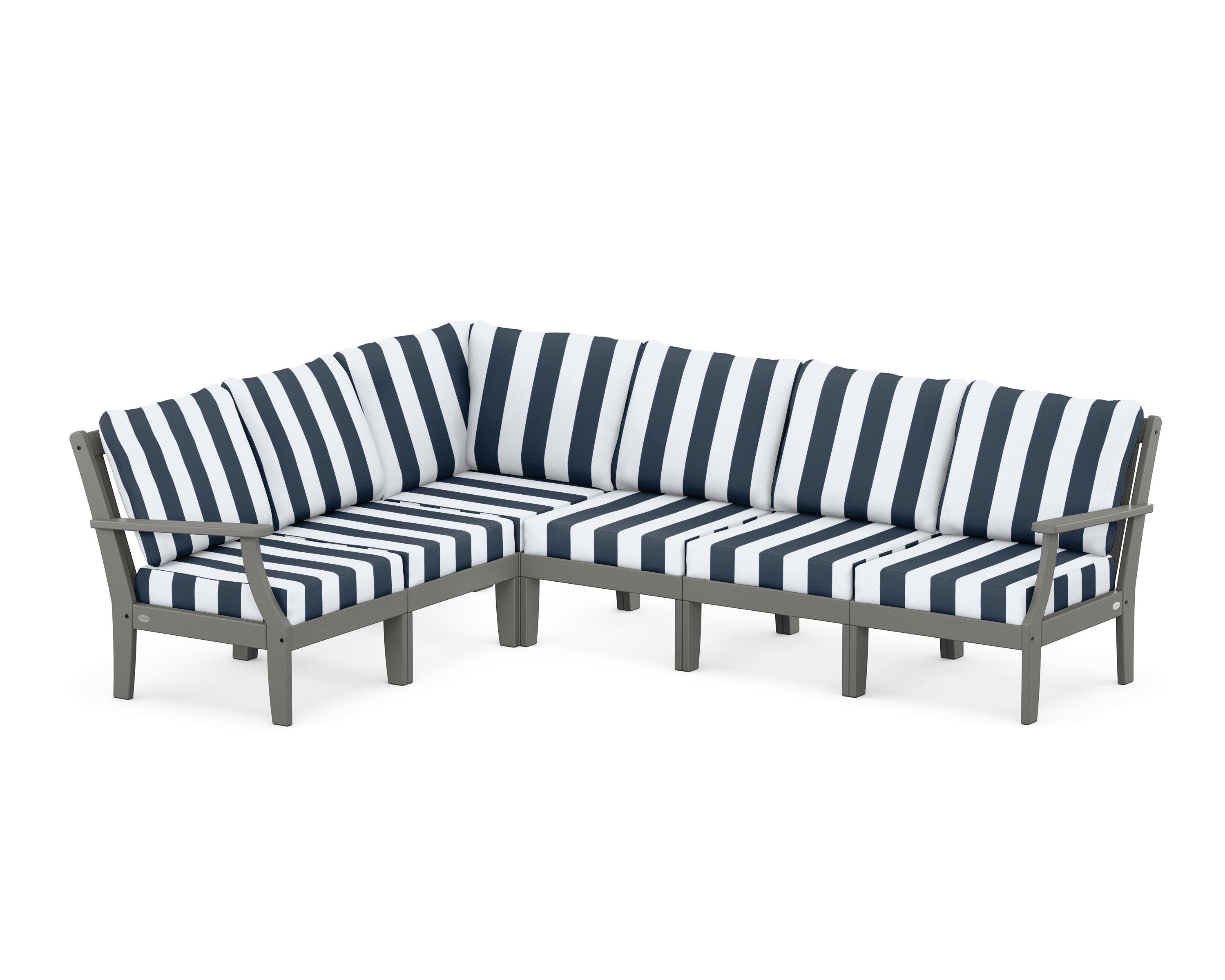 POLYWOOD® Braxton Modular 6-Piece Deep Seating Set in Slate Grey / Cabana Stripe Marine Indigo