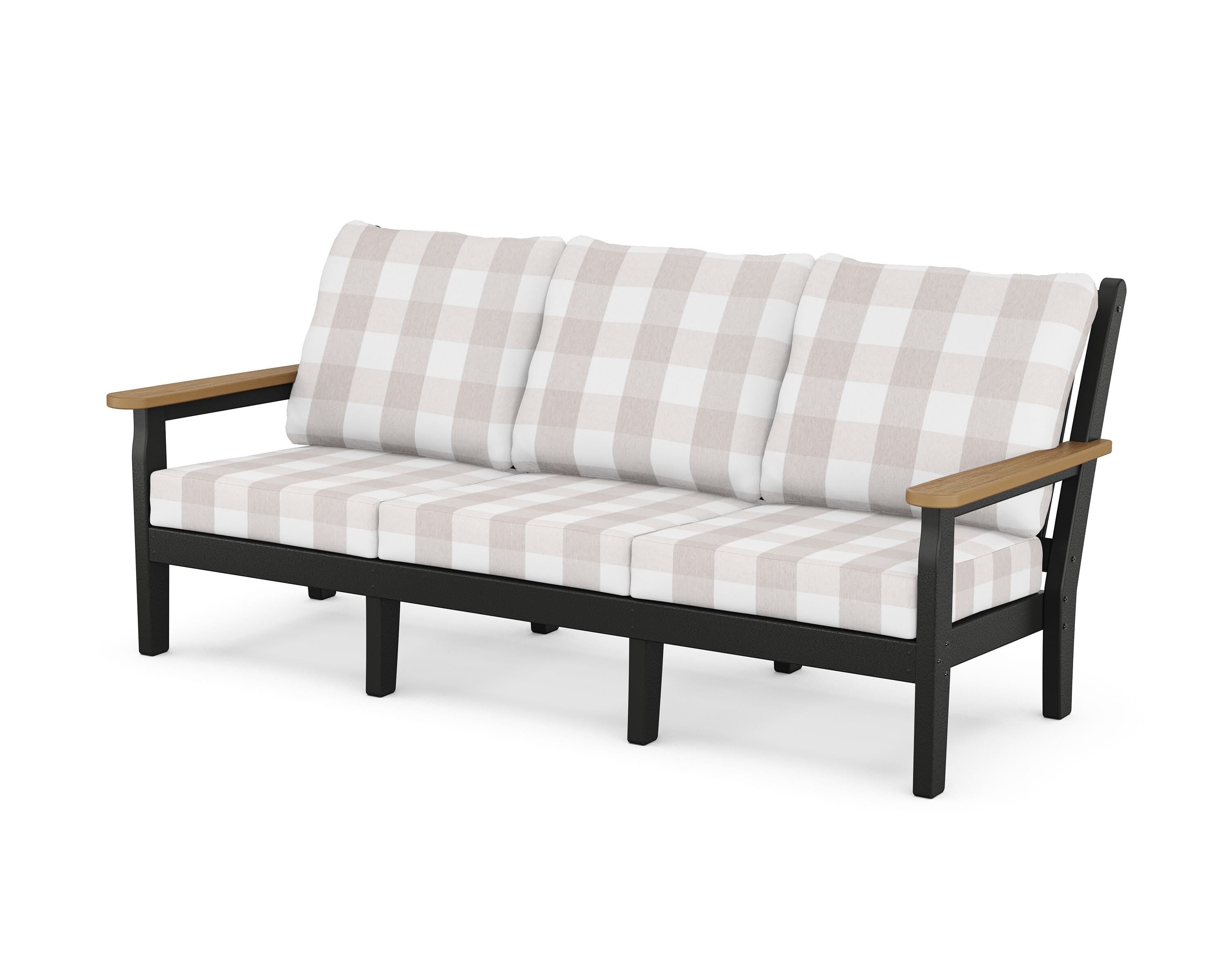 POLYWOOD® Chippendale Deep Seating Sofa in Black / Natural / Buffalo Plaid Dune Burlap