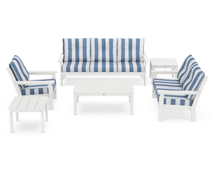 POLYWOOD® Vineyard 6-Piece Deep Seating Set in White / Cabana Stripe Sky Blue