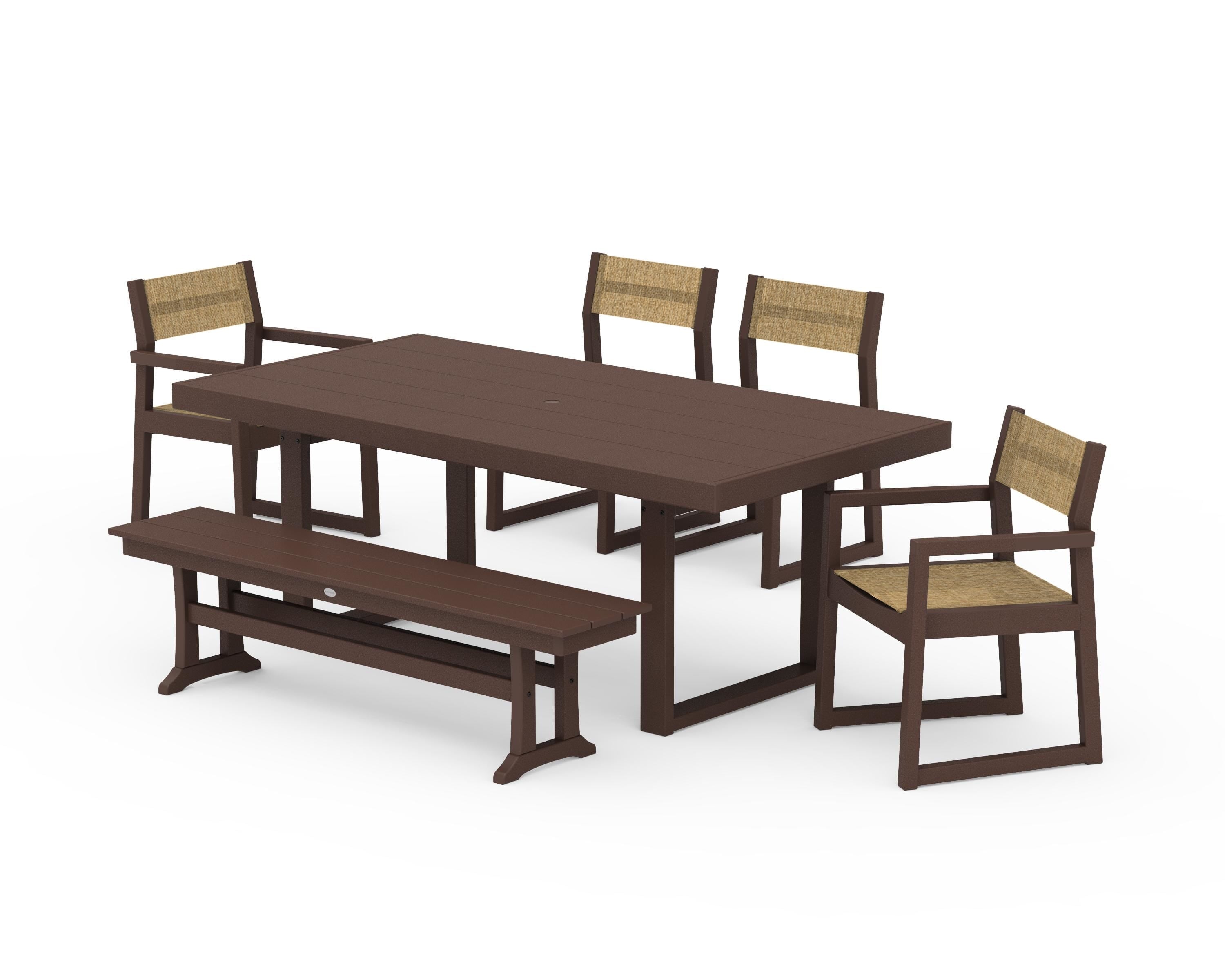 POLYWOOD® EDGE Sling 6-Piece Dining Set with Bench in Mahogany / Burlap Sling