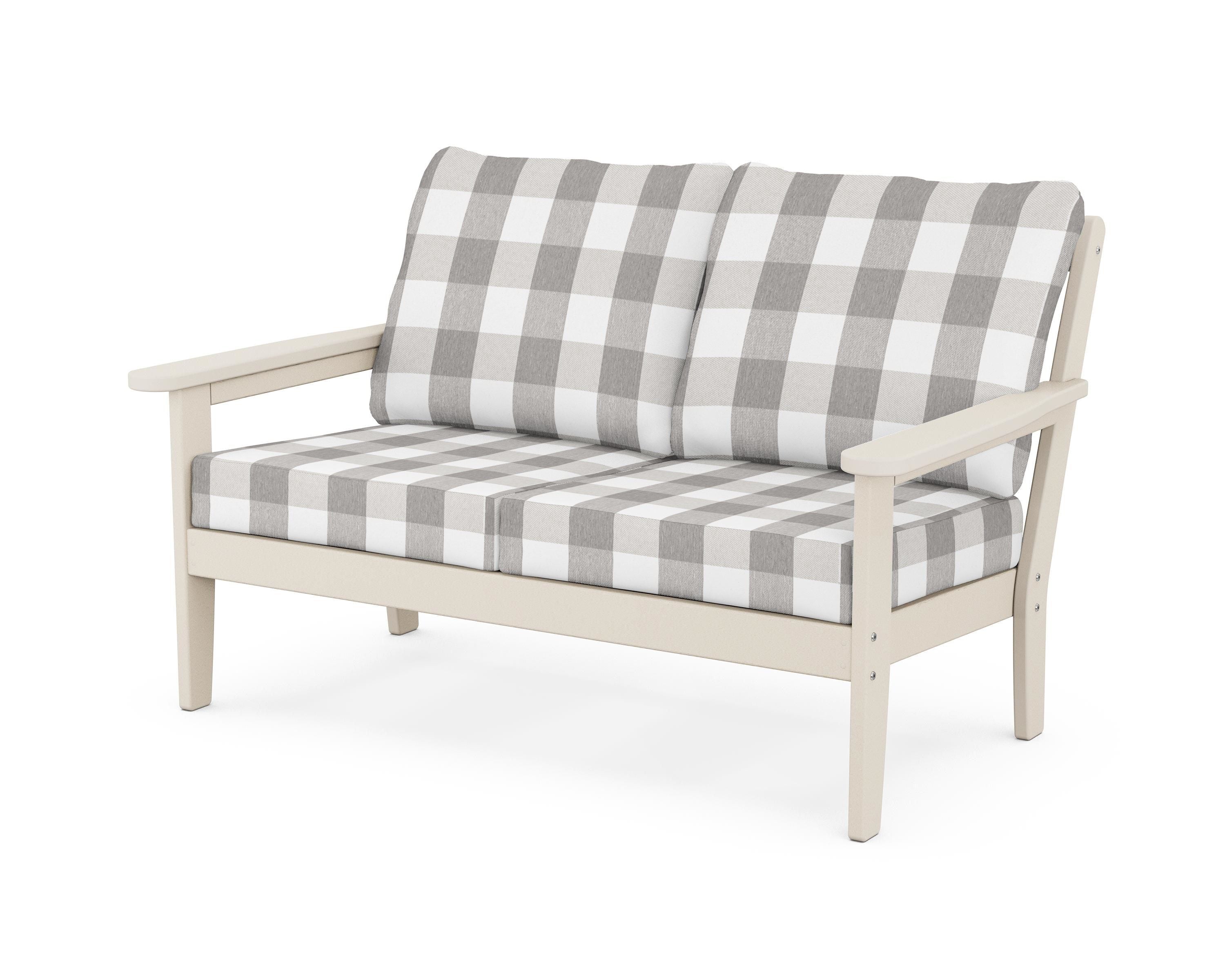 Country Living Cottage Deep Seating Loveseat in Sand / Buffalo Plaid Grey Mist