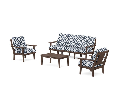 POLYWOOD® Prairie 4-Piece Deep Seating Set with Sofa in Mahogany / Trellis Marine Indigo
