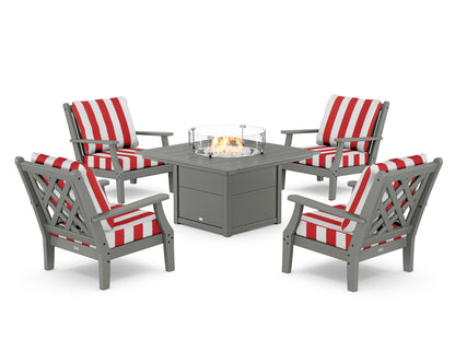 Country Living Wovendale 5-Piece Deep Seating Set with Fire Pit Table in Slate Grey / Cabana Stripe Crimson
