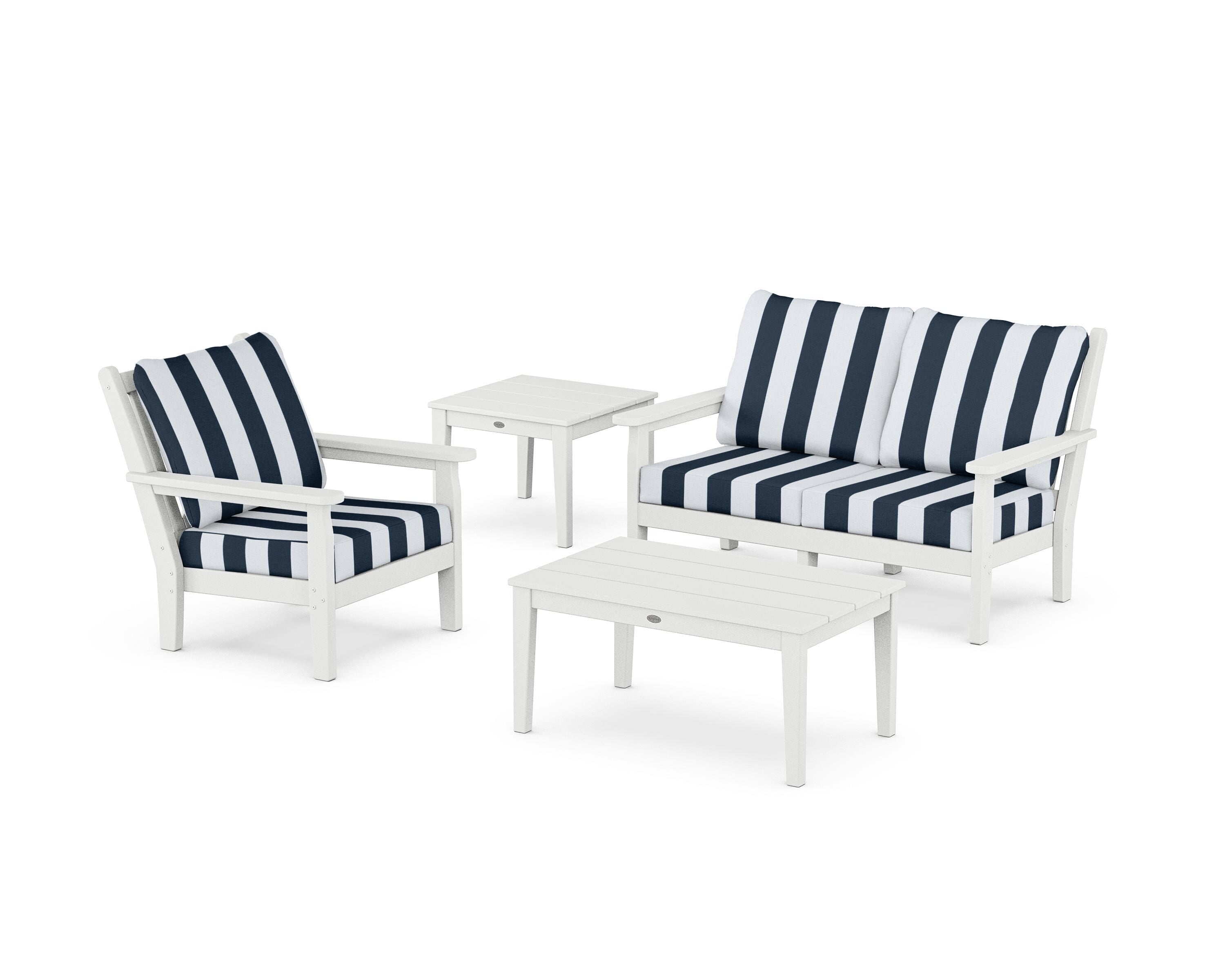 POLYWOOD® Chippendale 4-Piece Deep Seating Set in White / Cabana Stripe Marine Indigo