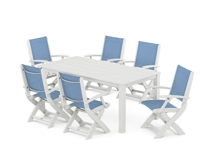 POLYWOOD® Coastal Folding Chair 7-Piece Parsons Dining Set in White / Poolside Sling