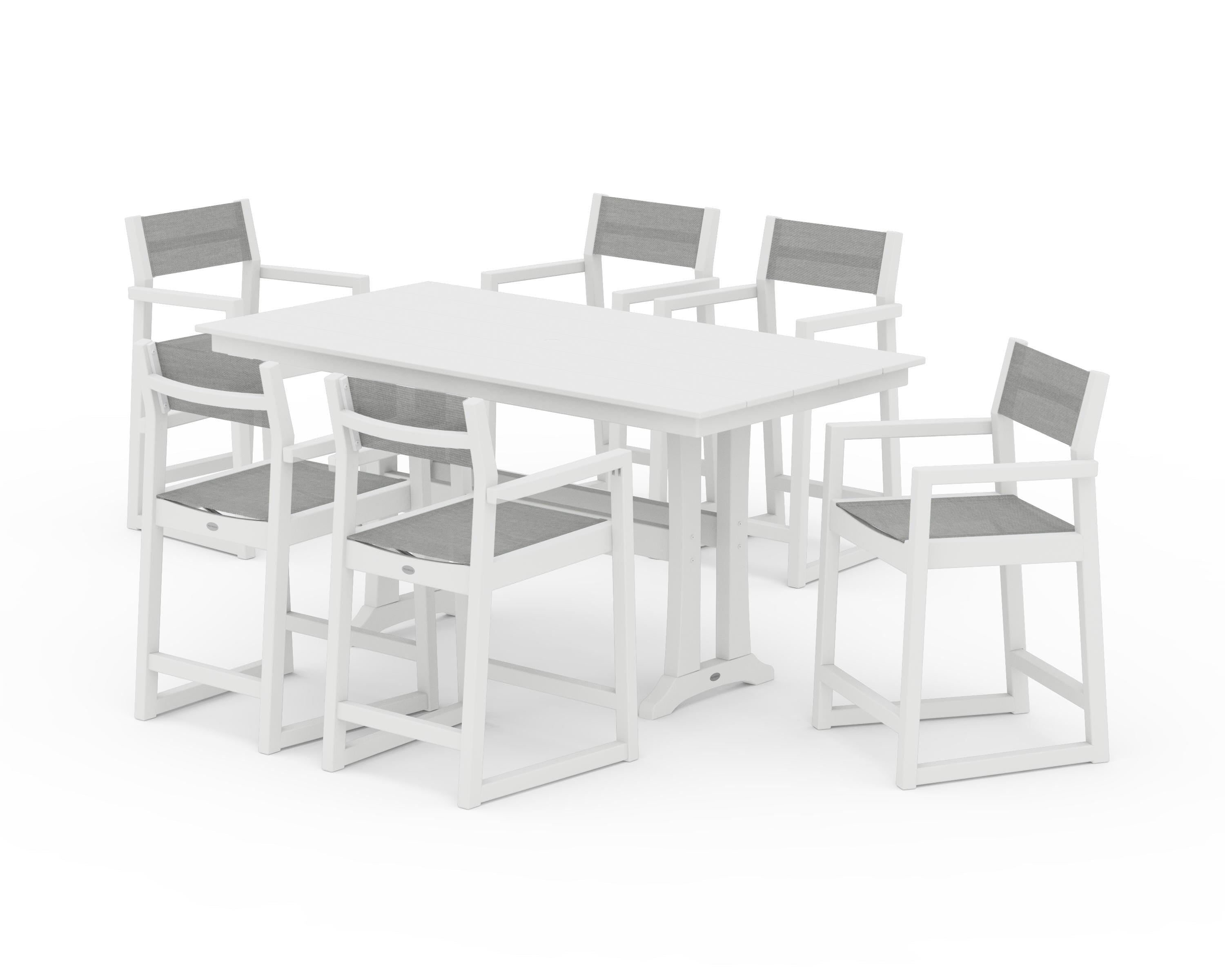 POLYWOOD® EDGE Sling Arm Chair 7-Piece Farmhouse Counter Set with Trestle Legs in White / Metallic Sling