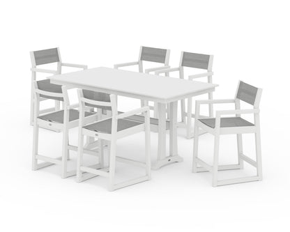 POLYWOOD® EDGE Sling Arm Chair 7-Piece Farmhouse Counter Set with Trestle Legs in White / Metallic Sling