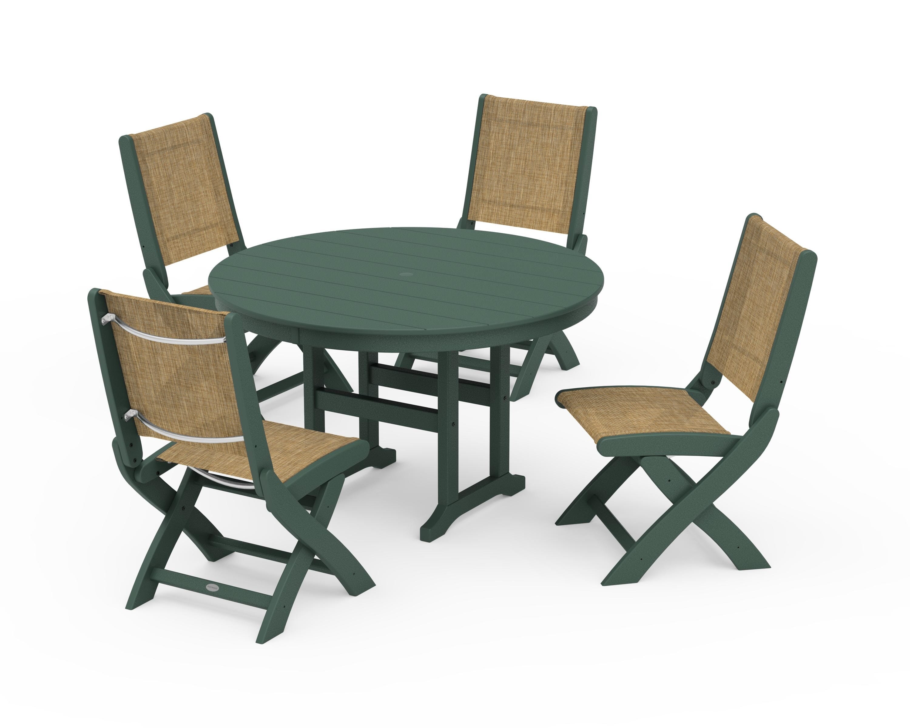POLYWOOD® Coastal Folding Side Chair 5-Piece Round Dining Set in Green / Burlap Sling