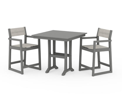 POLYWOOD® EDGE Sling Arm Chair 3-Piece Farmhouse Counter Set with Trestle Legs in Slate Grey / Birch Sling