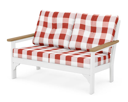 POLYWOOD® Vineyard Deep Seating Loveseat in White / Natural / Buffalo Plaid Crimson
