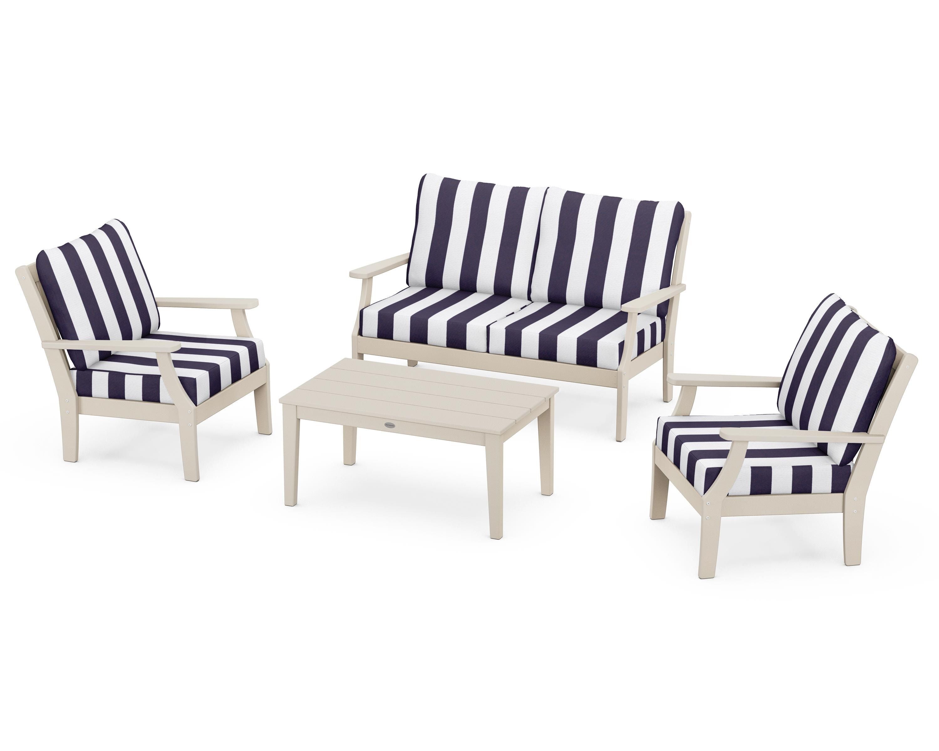 POLYWOOD® Braxton 4-Piece Deep Seating Chair Set in Sand / Cabana Stripe Navy