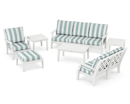 Country Living Wovendale 7-Piece Deep Seating Set in White / Cabana Stripe Glacier Spa