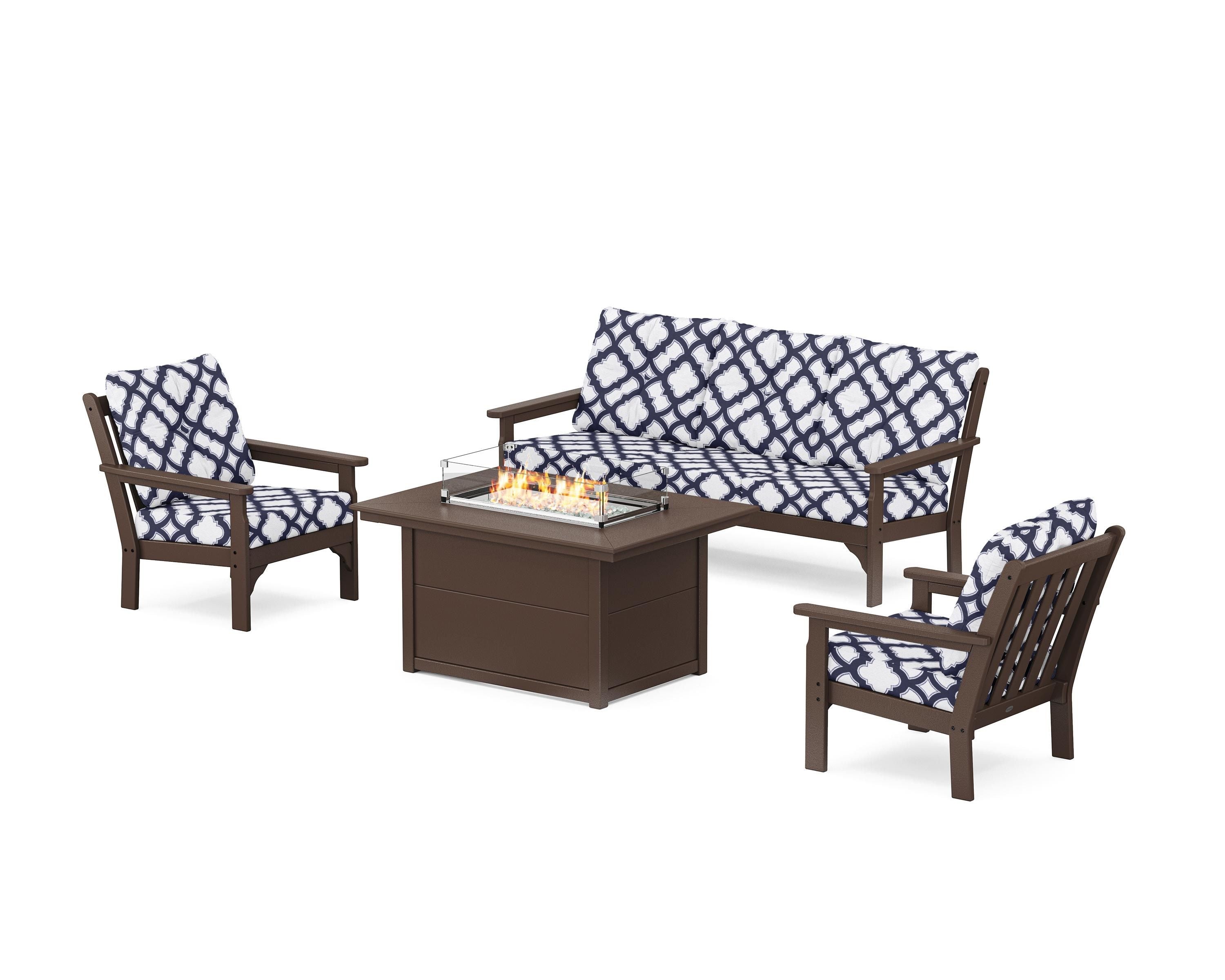 POLYWOOD® Vineyard Deep Seating Fire Pit Table Set in Mahogany / Trellis Navy