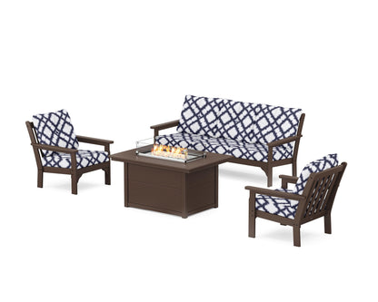 POLYWOOD® Vineyard Deep Seating Fire Pit Table Set in Mahogany / Trellis Navy