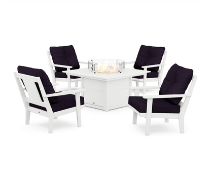 POLYWOOD® Prairie 5-Piece Deep Seating Set with Fire Pit Table in White / Navy Linen