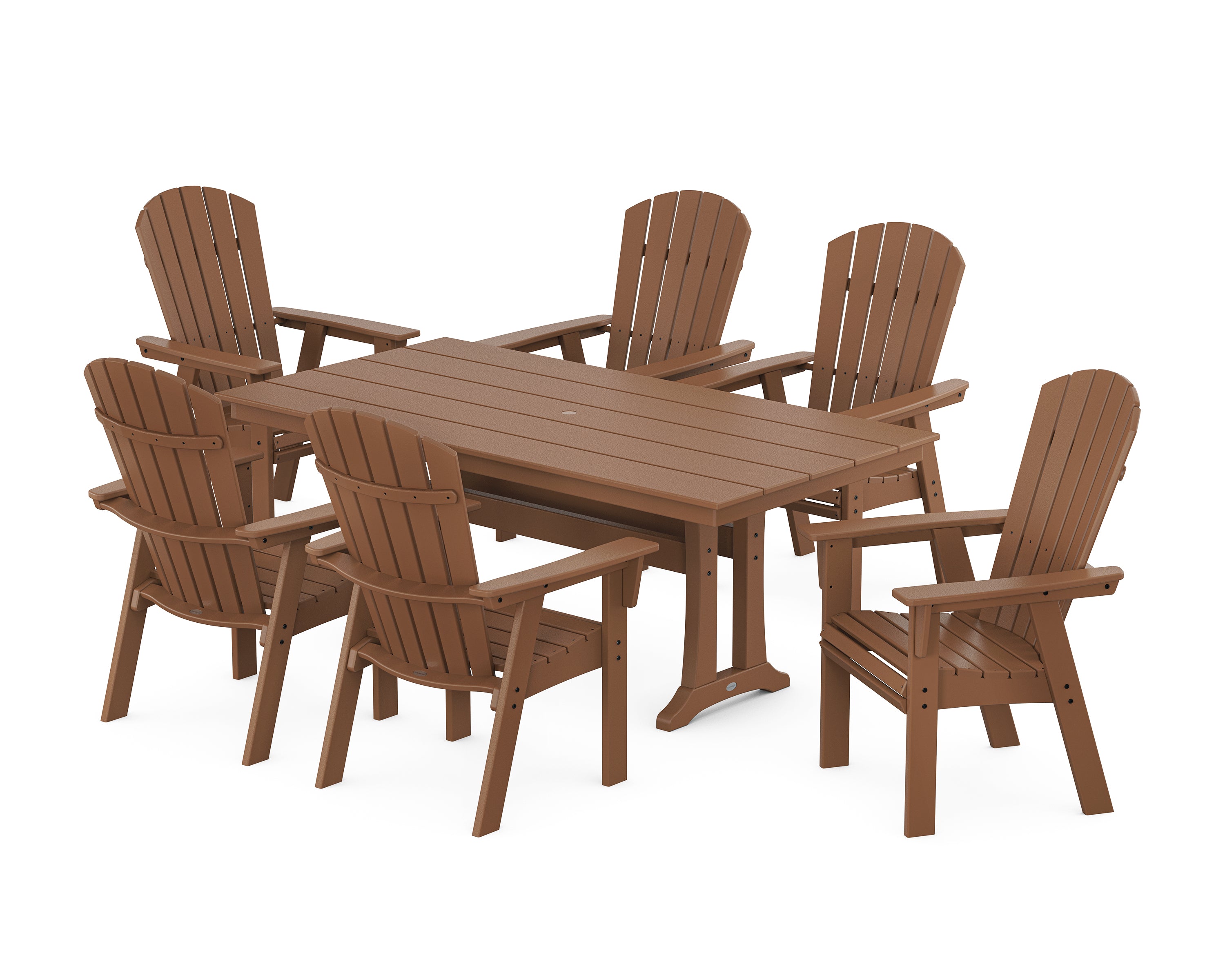 POLYWOOD® Nautical Curveback Adirondack 7-Piece Farmhouse Dining Set with Trestle Legs in Teak