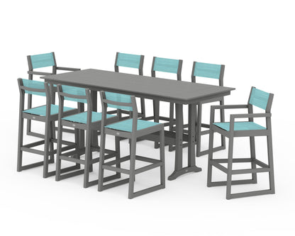POLYWOOD® EDGE Sling 9-Piece Farmhouse Bar Set with Trestle Legs in Slate Grey / Dupioni Aquamarine Sling