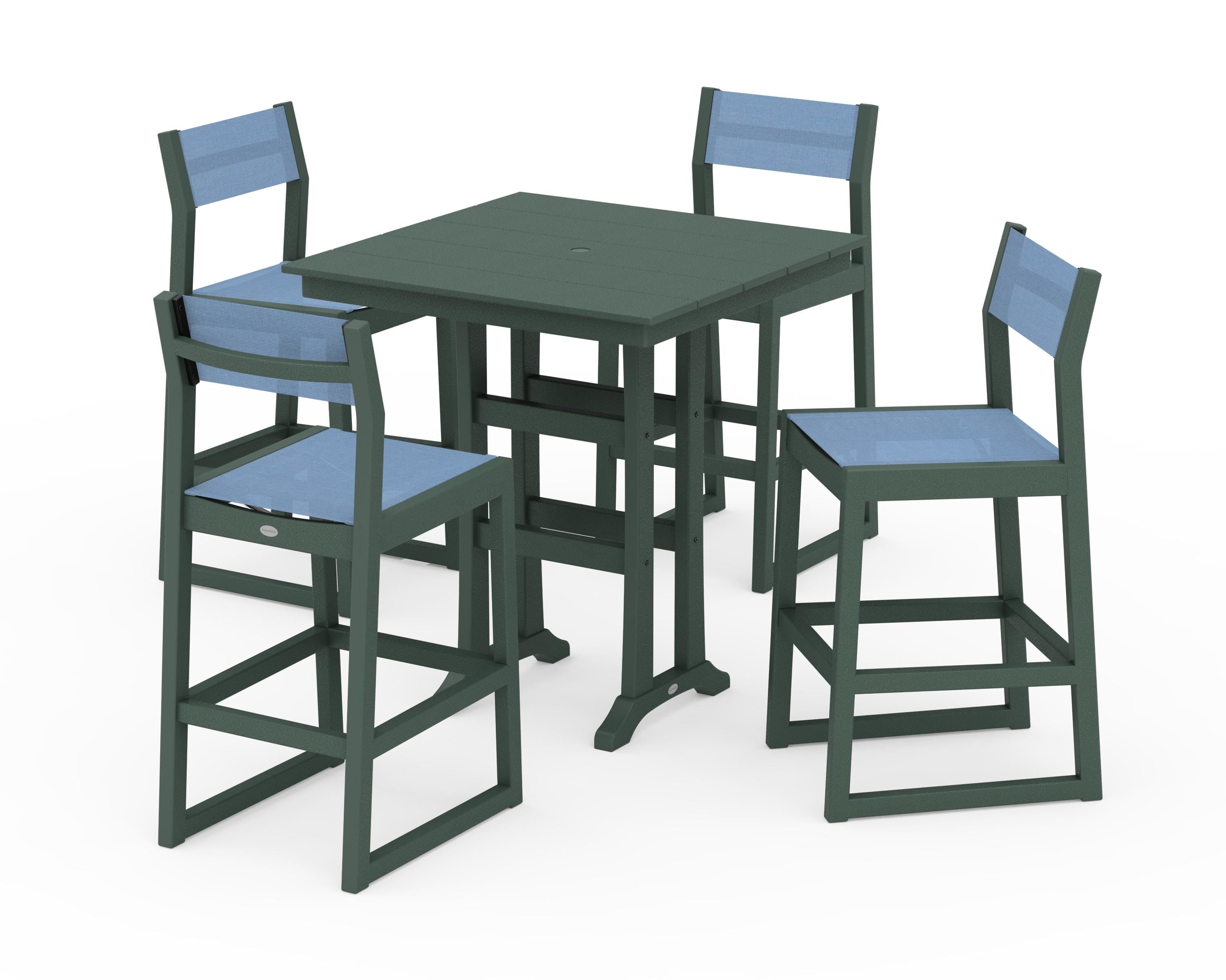 POLYWOOD® EDGE Sling Arm Chair 5-Piece Farmhouse Bar Set with Trestle Legs in Green / Poolside Sling