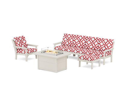 POLYWOOD® Vineyard Sectional Lounge and Fire Pit Set in Sand / Trellis Crimson
