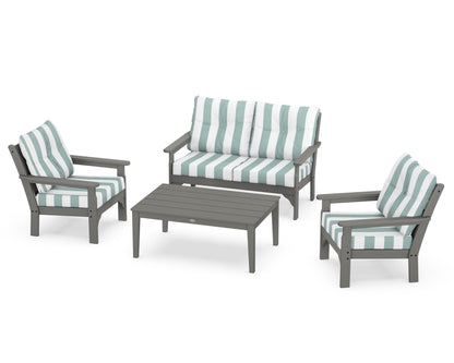 POLYWOOD® Vineyard 4-Piece Deep Seating Set in Slate Grey / Cabana Stripe Glacier Spa