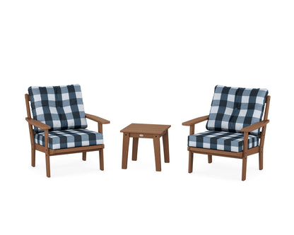 POLYWOOD® Prairie 3-Piece Deep Seating Set in Teak / Buffalo Plaid Marine Indigo