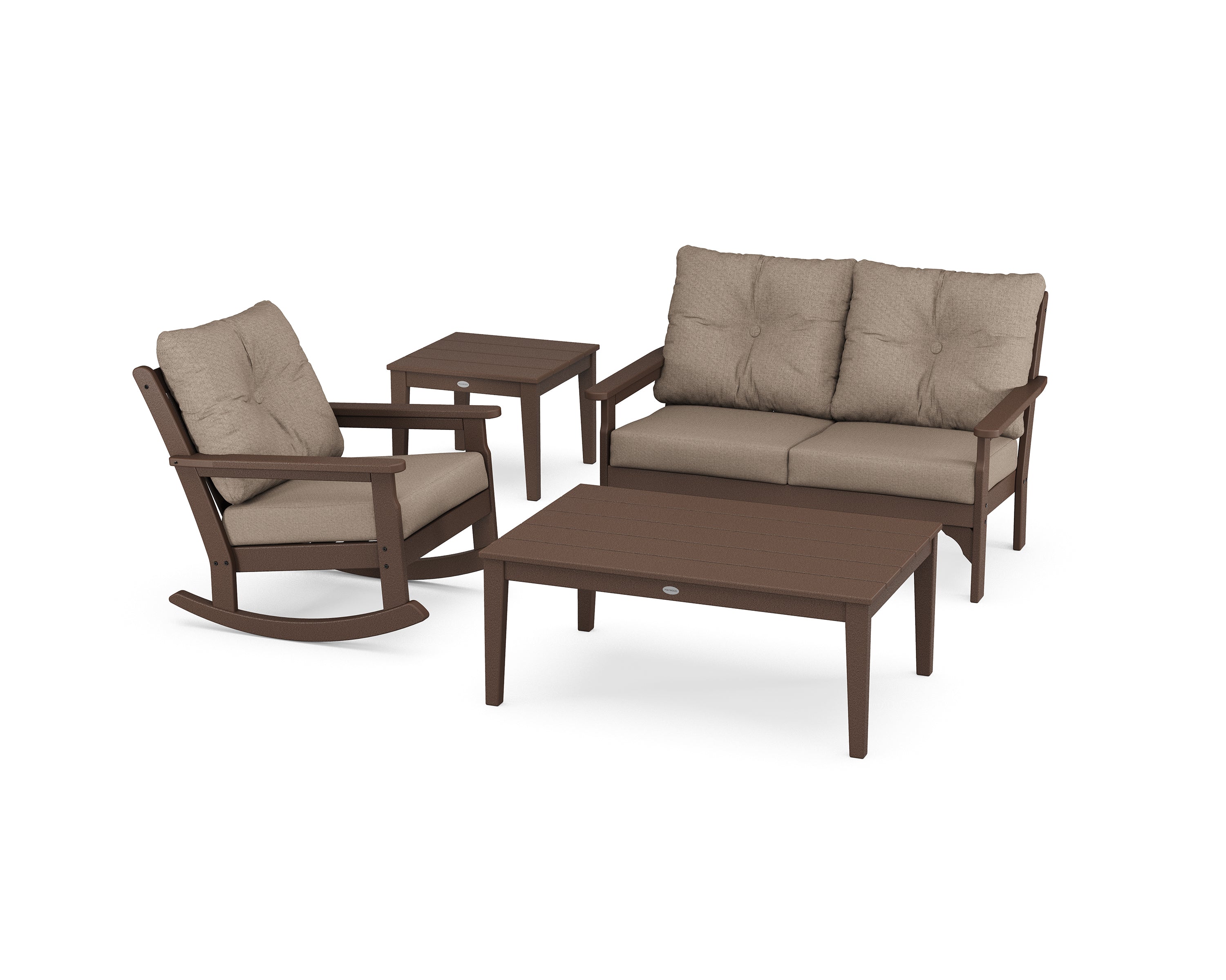 POLYWOOD® Vineyard 4-Piece Deep Seating Rocker Set in Mahogany / Spiced Burlap
