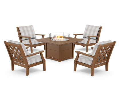 Country Living Wovendale 5-Piece Deep Seating Set with Fire Pit Table in Teak / Buffalo Plaid Dune Burlap