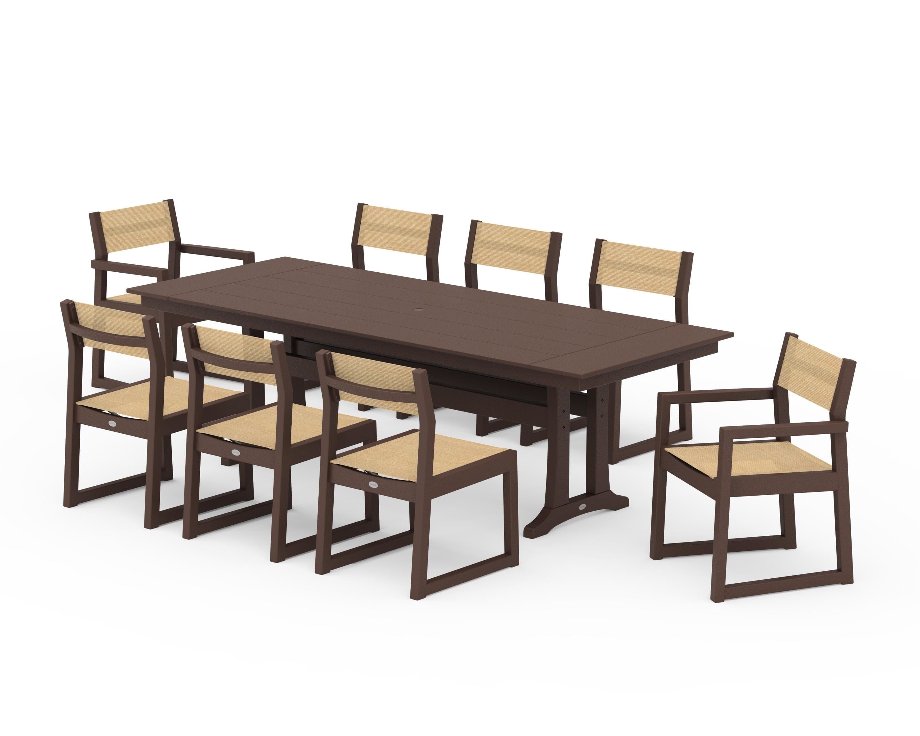 POLYWOOD® EDGE Sling 9-Piece Farmhouse Trestle Dining Set in Mahogany / Dupioni Apricot Sling