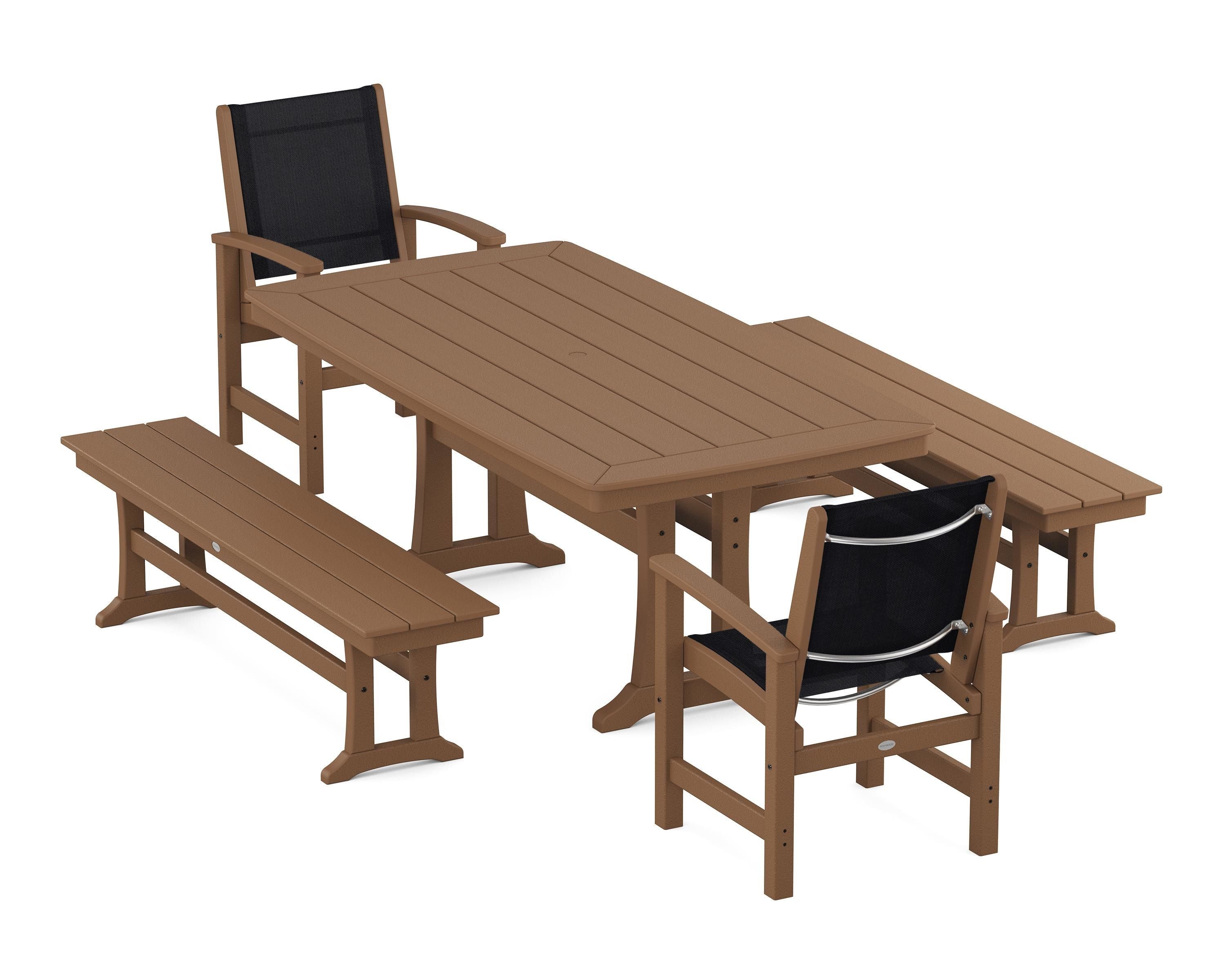 POLYWOOD® Coastal 5-Piece Dining Set with Trestle Legs and Benches in Teak / Black Sling