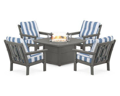 POLYWOOD® Vineyard 5-Piece Conversation Set with Fire Pit Table in Slate Grey / Cabana Stripe Sky Blue