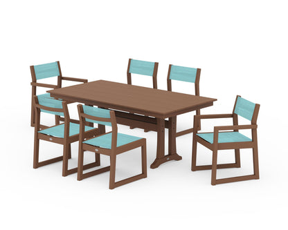 POLYWOOD® EDGE Sling 7-Piece Farmhouse Trestle Dining Set in Teak / Dupioni Aquamarine Sling