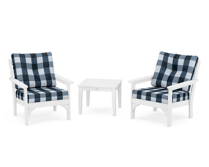 POLYWOOD® Vineyard 3-Piece Deep Seating Set in White / Buffalo Plaid Marine Indigo