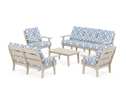 POLYWOOD® Lakeside 5-Piece Lounge Sofa Set in Sand / Trellis Sky Blue