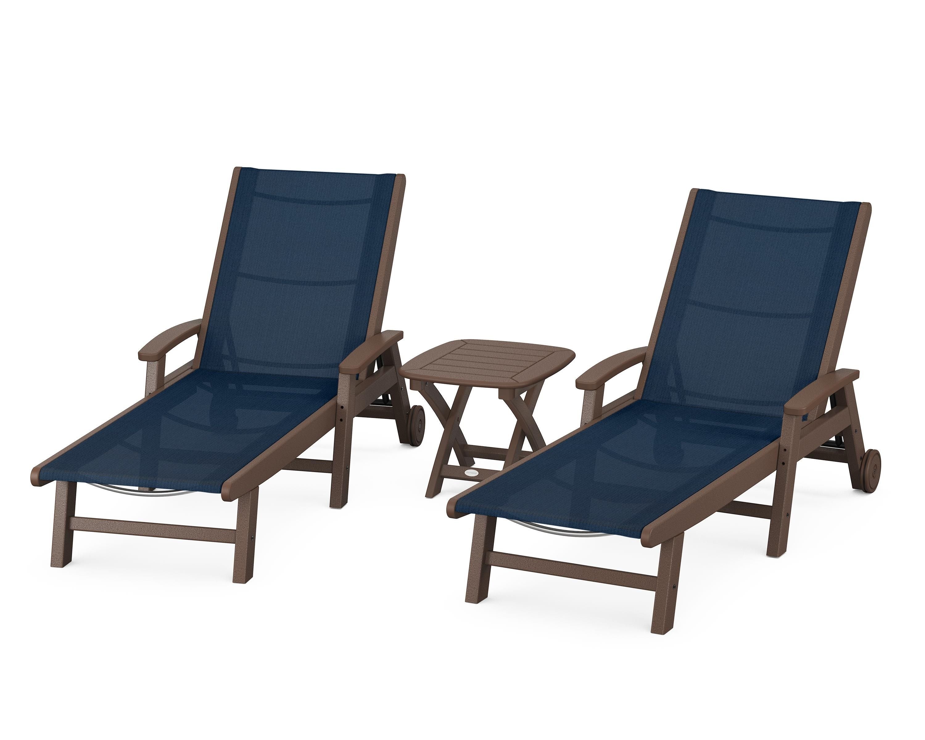 POLYWOOD® Coastal 3-Piece Wheeled Chaise Set in Mahogany / Navy Blue Sling