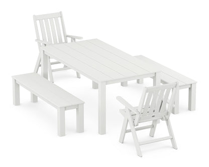 POLYWOOD® Vineyard Folding Chair 5-Piece Parsons Dining Set with Benches in White