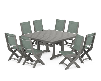 POLYWOOD® Coastal Folding Side Chair 9-Piece Dining Set with Trestle Legs in Slate Grey / Dupioni Sea Mist Sling