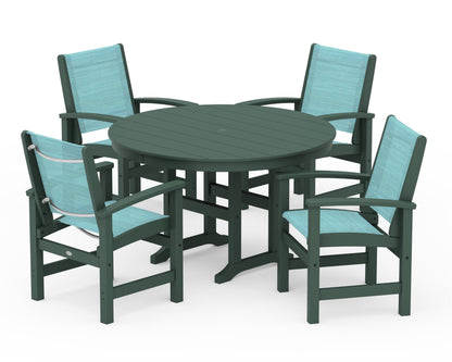 POLYWOOD® Coastal 5-Piece Round Farmhouse Dining Set in Green / Dupioni Aquamarine Sling