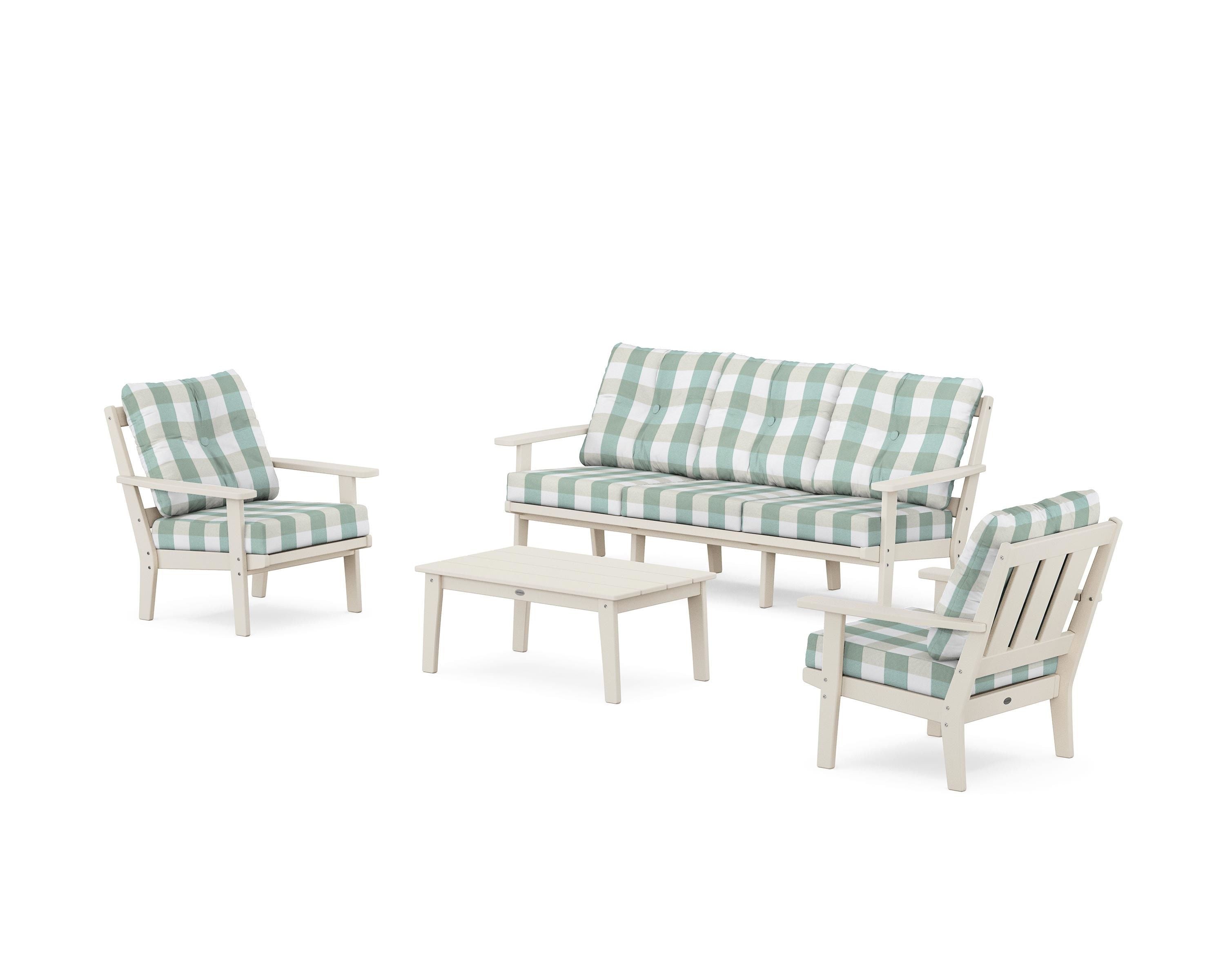 POLYWOOD® Oxford 4-Piece Deep Seating Set with Sofa in Sand / Buffalo Plaid Glacier Spa