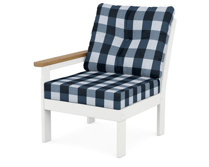 POLYWOOD® Vineyard Modular Left Arm Chair in White / Natural / Buffalo Plaid Marine Indigo