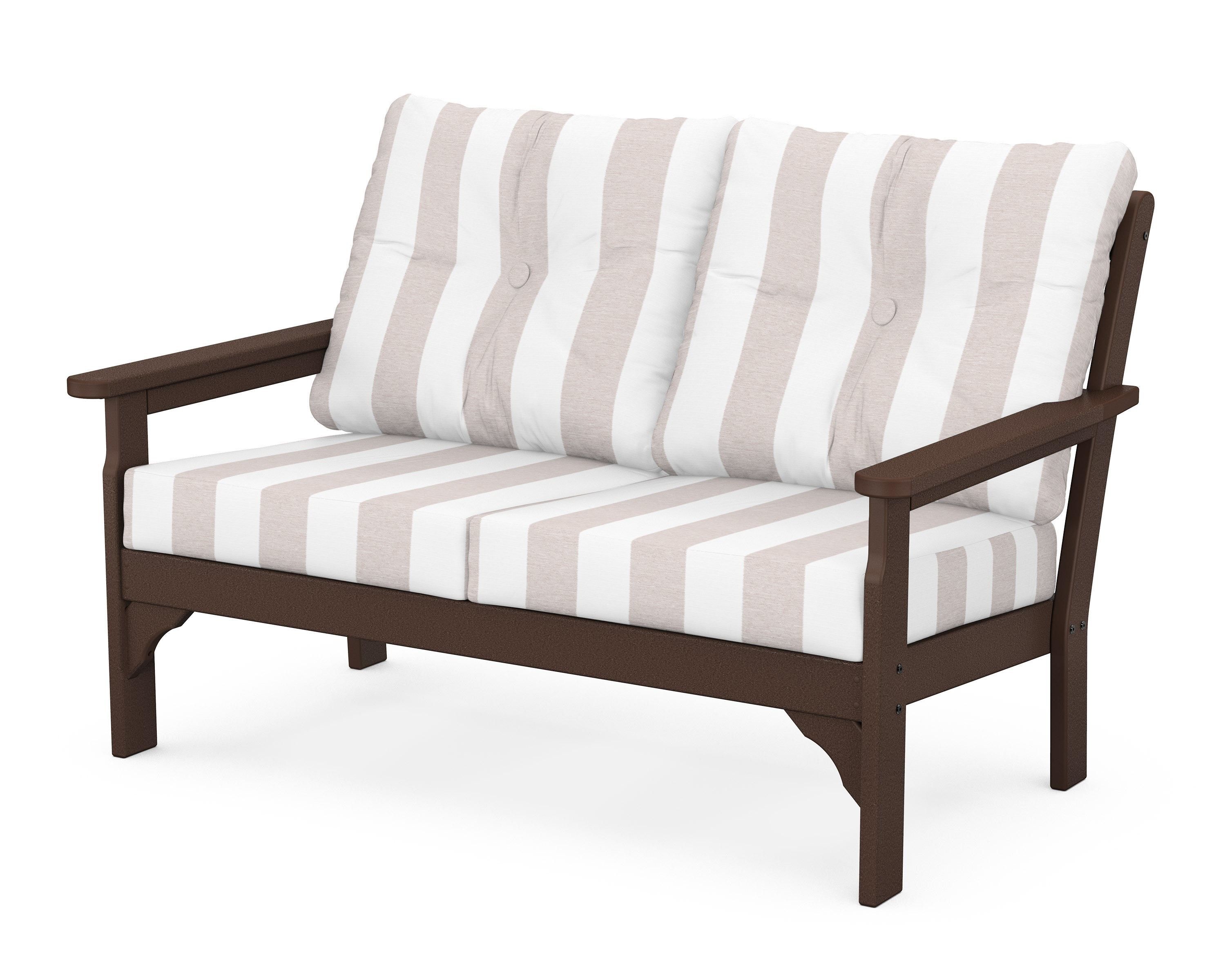 POLYWOOD® Vineyard Deep Seating Loveseat in Mahogany / Cabana Stripe Dune Burlap