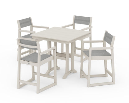 POLYWOOD® EDGE Sling Arm Chair 5-Piece Farmhouse Counter Set with Trestle Legs in Sand / Metallic Sling