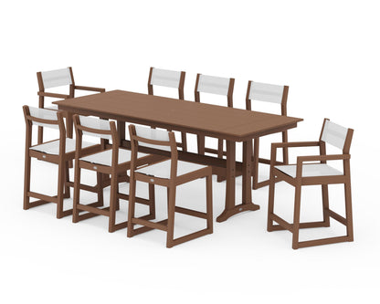 POLYWOOD® EDGE Sling 9-Piece Farmhouse Counter Set with Trestle Legs in Teak / White Sling