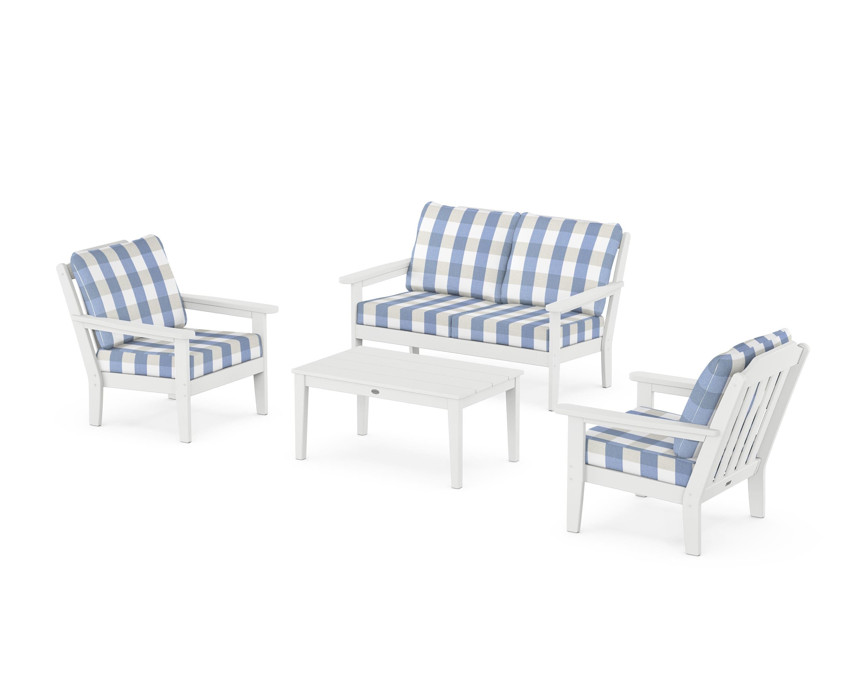 Country Living Cottage 4-Piece Deep Seating Set with Loveseat in White / Buffalo Plaid Sky Blue