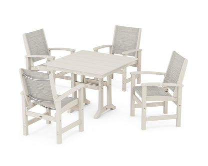 POLYWOOD® Coastal 5-Piece Farmhouse Dining Set With Trestle Legs in Sand / Birch Sling