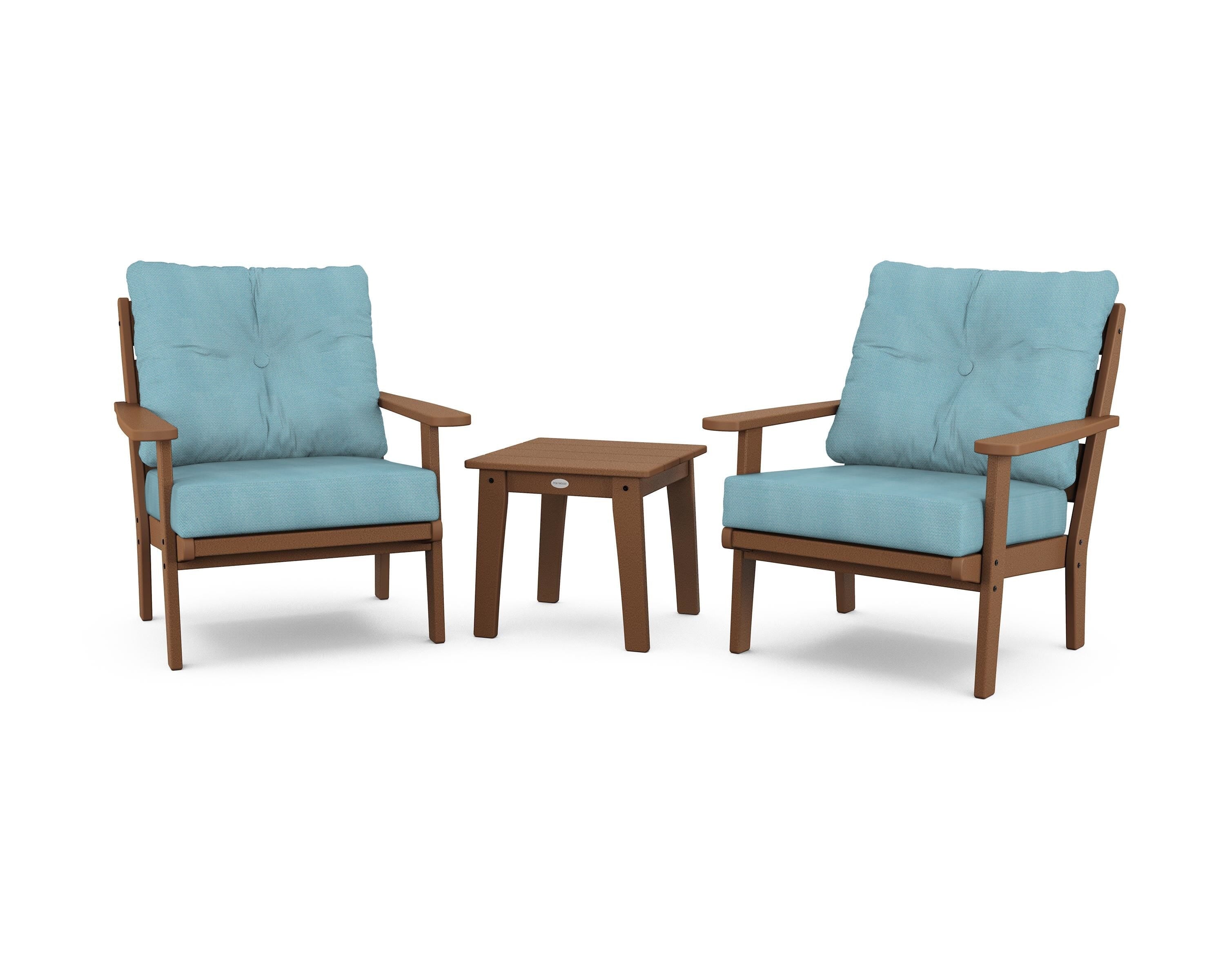 POLYWOOD® Lakeside 3-Piece Deep Seating Chair Set in Teak / Lattice Sky Blue